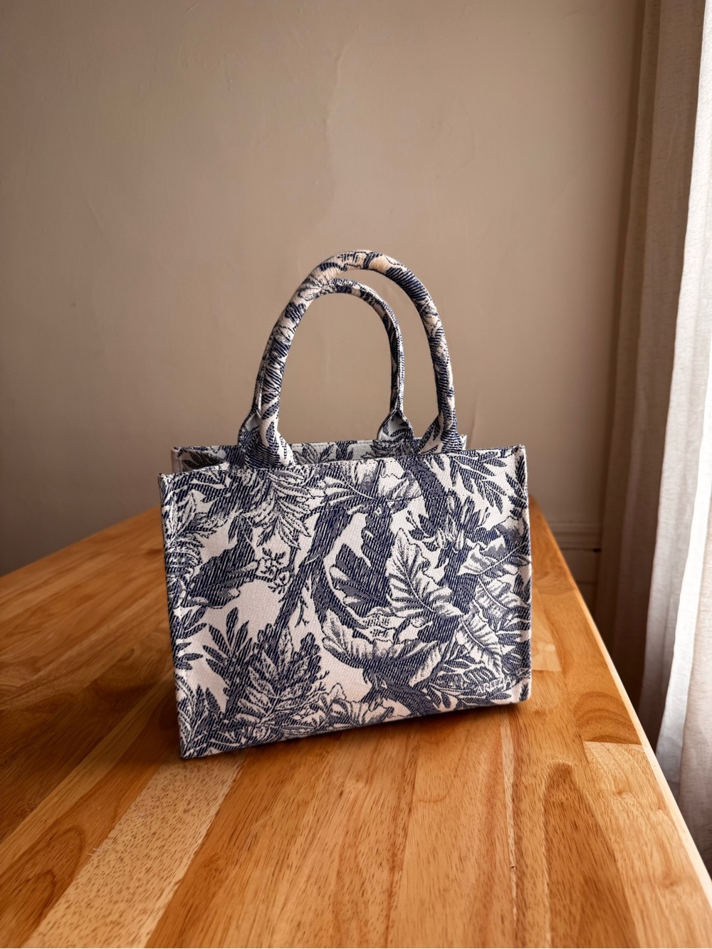 Aritzia Navy and White Botanical Canvas Tote